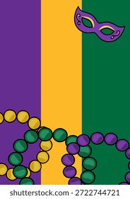 Ilustração vetor Mardi Gras festiva com listras vibrantes roxo, dourado e verde, adornado com uma máscara roxa decorativa e cordas drapeadas de contas coloridas.