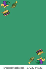 Festive Mardi Gras vector illustration with jester hats, drums, and trumpets on a green background, perfect for celebration invitations and decorations.