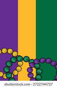 Ilustração do vetor de Mardi Gras festiva com fios em cascata de roxo, ouro e contas verdes contra um fundo listrado arrojado, evocando uma atmosfera comemorativa.