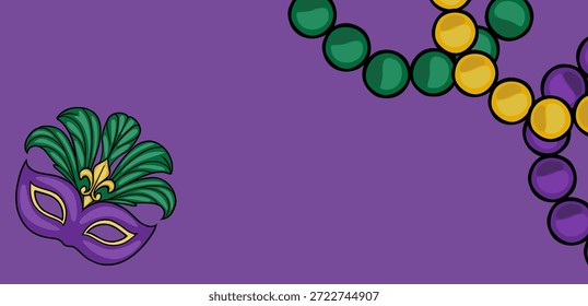 Ilustração vetor Mardi Gras festiva com uma máscara de mascarada roxa com penas verdes e uma flor-de-lis, adornada com fios de verde, ouro e contas roxas contra um sólido fundo roxo...
