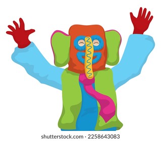 Festive Marimonda with raised hands and colorful costume celebrating the Barranquilla's Carnival. Design in cartoon style over white background.