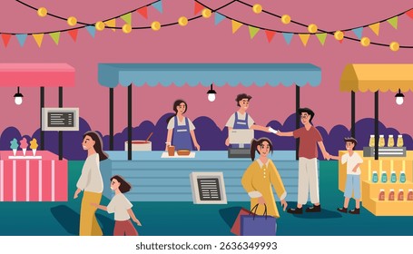 Festive Market Scene with Stalls and People. Night food festival. Food festival. Summer time. Bazaar food and drink.