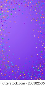 Festive marvelous confetti. Celebration stars. Festive confetti on violet background. Fascinating festive overlay template. Vertical vector background.