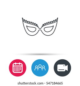 Festive mask icon. Masquerade carnival sign. Anonymous symbol. Group of people, video cam and calendar icons. Vector