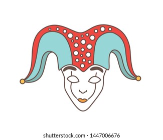 Festive mask of jester, harlequin, trickster, buffoon or droll isolated on white background. Traditional decoration for Venetian carnival, Mardi Gras masquerade. Vector illustration in line art style.