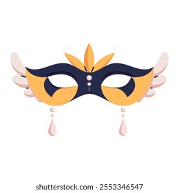 Festive mask for Mardi Gras celebration. Decorated Colombina masque for masquerade. Carnival disguise, facial hiding accessory, theater face. Flat isolated vector illustration on white background