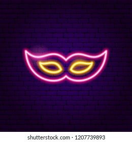 Festive Mask Neon Sign. Vector Illustration of Party Promotion.