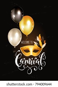 Festive Masqeurade Party invitation template. Bright carnival greeting card with golden venetian mask and balloons. Brasil carnaval party banner with ornamental lettering on dark background.
