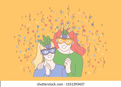 Festive masquerade, creative celebration concept. New Year, Birthday fancy-dress ball, costume party, family entertainment, female adult and child with masks, holiday joyfullness. Simple flat vector