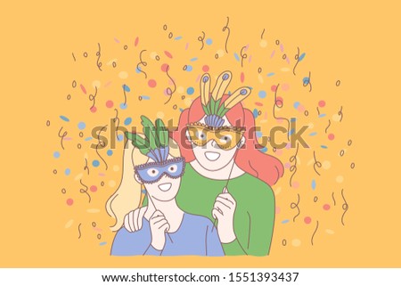 Festive masquerade, creative celebration concept. New Year, Birthday fancy-dress ball, costume party, family entertainment, female adult and child with masks, holiday joyfullness. Simple flat vector