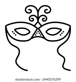 Festive masquerade eye mask with ties, carnival black line icon