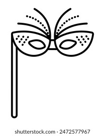 Festive masquerade mask with a stick and feathers, vector black line icon, editable stroke, pixel perfect illustration for carnival, festival, party