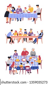 Festive meal family dinner table and dishes holiday isolated characters vector kitchen tablecloth drinks and food mother and father grandparents and children aunt and uncle brothers and sister.