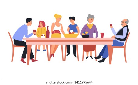 Festive meal family dinner table and dishes holiday isolated characters vector kitchen tablecloth drinks and food mother and father grandparents and children aunt and uncle brothers and sister