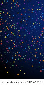 Festive memorable confetti. Celebration stars. Joyous stars on dark blue background. Grand festive overlay template. Vertical vector background.