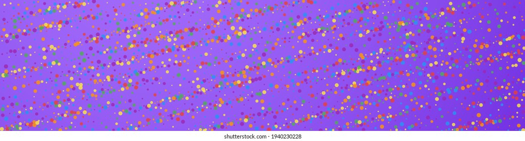Festive memorable confetti. Celebration stars. Joyous confetti on violet background. Admirable festive overlay template. Panoramic vector background.