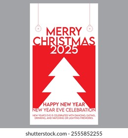 Festive Merry Christmas 2025 poster design in red and white with a stylized tree and ornaments. Perfect for holiday and New Year's Eve celebration promotions!