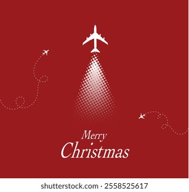 A festive Merry Christmas card featuring a red background and a holiday-themed vector illustration of an airplane, perfect for a travel-inspired design concept