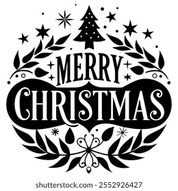 Un diseño festivo de Navidades alegres con una tipografía elegante, un árbol de Navidad, estrellas y hojas decorativas, perfecto para tarjetas navideñas, decoraciones y diseños de camisetas