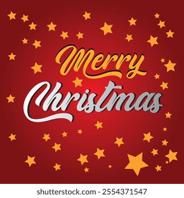 Festive Merry Christmas Design with Stars on Red Background, Vector Illustration