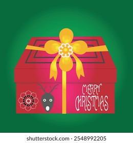 Festive Merry Christmas Gift Box with Yellow Ribbon, Reindeer Design, and Green Background, Ideal for Holiday Cards, 
Seasonal Invitations, and Christmas Decorations  
