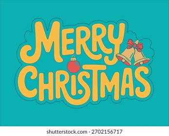 Festive Merry Christmas Greeting with Bells and Ornament on Teal Background holiday cheer and vintage appeal for winter celebrations seasonal decorations