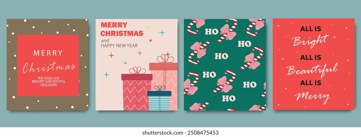 Festivo Feliz Natal cartão de felicitações definido. Arte moderna Design de Natal com presentes, bengalas de doces e alegre tipografia de férias. Modelo colorido brilhante da moda para a bandeira da estação, cartaz, capa