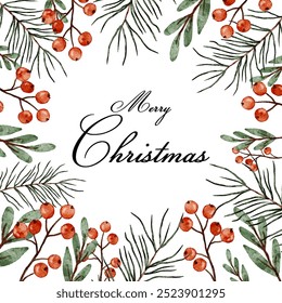 A festive Merry Christmas greeting card surrounded by beautiful watercolor sprigs and berries