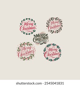 Festive Merry Christmas Greeting with Red and Green Holiday Accents
 Christmas Card Design with Holly Wreath and Flowing Calligraphy
 Classic Merry Christmas Card with Wreath and Berries

