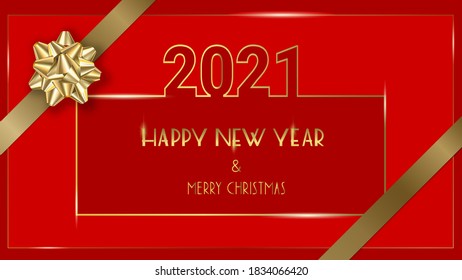 Festive Merry Christmas and Happy New Year greeting card template on red background using gold lettering and gold ribbons.