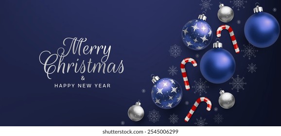 A festive Merry Christmas and Happy New Year illustration silver and blue spheres, red candy canes, and snow accents. Festive background ideal for cards, posters, and celebrations. Not AI.