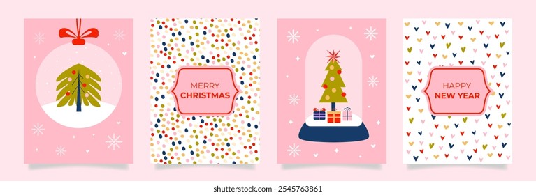 Festive Merry Christmas and Happy New Year greeting cards. Christmas trees, snow globes, confetti, gifts, snowflakes. Trendy banner, flyer, cover, poster template with typography. Pink color. Vector. 