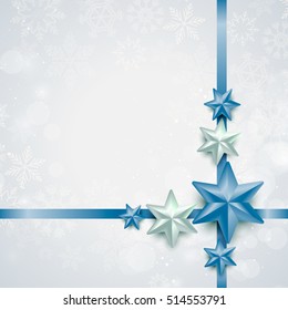 Festive Merry Christmas and happy new year layout background with shiny blue star and snowflake, ribbon. Beautiful design frame for invitation, banner, poster, party flyer, menu, greeting card. Xmas