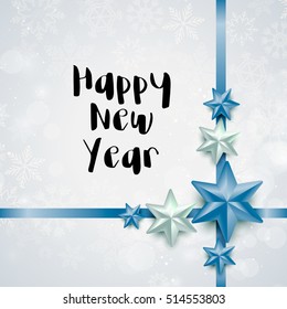 Festive Merry Christmas and happy new year layout background with shiny blue star and snowflake, ribbon. Beautiful design frame for invitation, banner, poster, party flyer, menu, greeting card. Xmas.