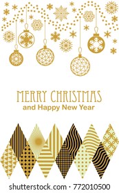 Festive Merry Christmas and Happy New Year card with carnival motifs. Golden decorations, snowflakes and ornaments on white background. Template for covers, banners, posters, invitations.