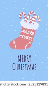 Festive "Merry Christmas" illustration featuring a wreath with a bird wearing a Santa hat, candy canes, berries, and a bow on a snowy blue background.