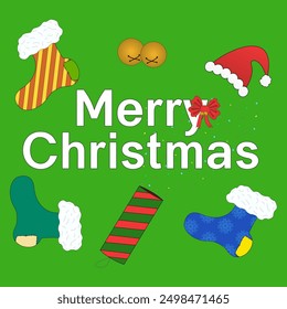 Festive Merry Christmas illustration with holiday stockings, a Santa hat, and bells on a green background. Perfect for holiday greetings.