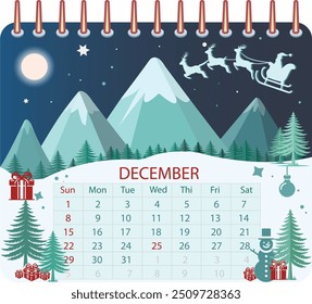 Festive Merry Christmas Illustration png. Santa Claus Flying Over a Snowy Mountain Range in Moonlight Delivering Gifts with Decorative Calendar Marking Holiday Dates and Winter Celebrations vector eps