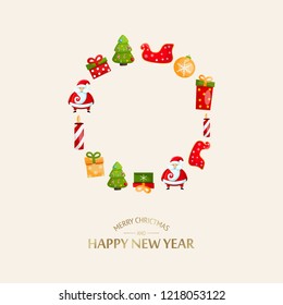 Festive Merry Christmas light template with greeting inscription and colorful traditional symbols in round shape vector illustration