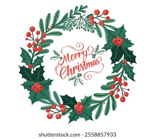 A festive Merry Christmas logo with elegant typography, vibrant red and green colors, holly accents, snowflakes, and joyful holiday vibes.