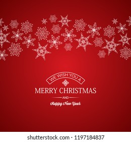 Festive Merry Christmas poster with greeting inscription and snowflakes of different shapes on red background vector illustration