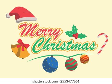 A festive "Merry Christmas" text design with outlined letters, beautifully adorned with holiday-themed elements like a Santa hat, holly leaves, jingle bells, and colorful baubles.