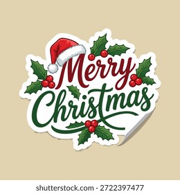A festive Merry Christmas text design featuring a Santa hat and holly leaves with berries, perfect for holiday greetings.