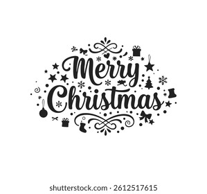 A festive "Merry Christmas" typography design, featuring snowflakes, stars, gifts, and other Christmas-themed decorations. Perfect for holiday cards, party invitations, and seasonal decorations.