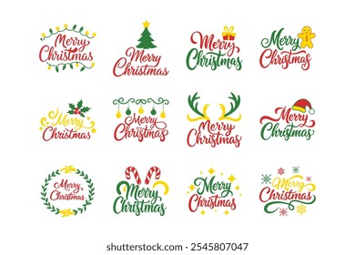Festive Merry Christmas Typography Set with Holiday Elements
