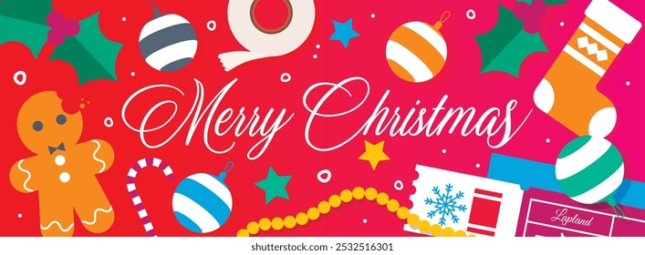 
A festive "Merry Christmas" vector illustration featuring holiday icons such as ornaments, a gingerbread man, holly, a stocking, a candy cane, and gift wrapping elements, set against a vibrant red ba