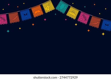 Festive Mexican background featuring traditional colorful papel picado bunting flags with cultural icons like sugar skulls, sombreros, guitars, and maracas. Perfect for Cinco de Mayo, Dia de los Muertos, or birthday celebration layouts with copy space.