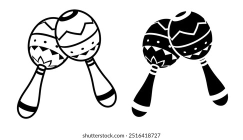 Festive Mexican maracas musical instrument icon with traditional geometric pattern. Festive carnival accessory. Black and white vector isolated on white background