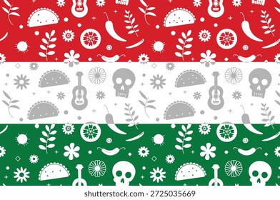 Festive Mexican pattern with tacos skulls and chili peppers on a tricolor background