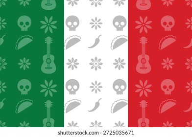 Patrón mexicano festivo con tacos, calaveras y chiles sobre un fondo tricolor